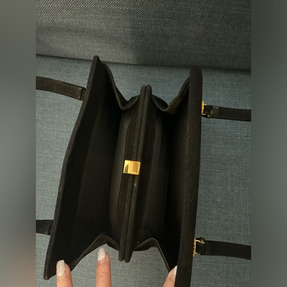 Vintage 2 Pieces Black Suede Leather Top Handle Handbag Gold Hardware Bee Accent - Picture 7 of 16